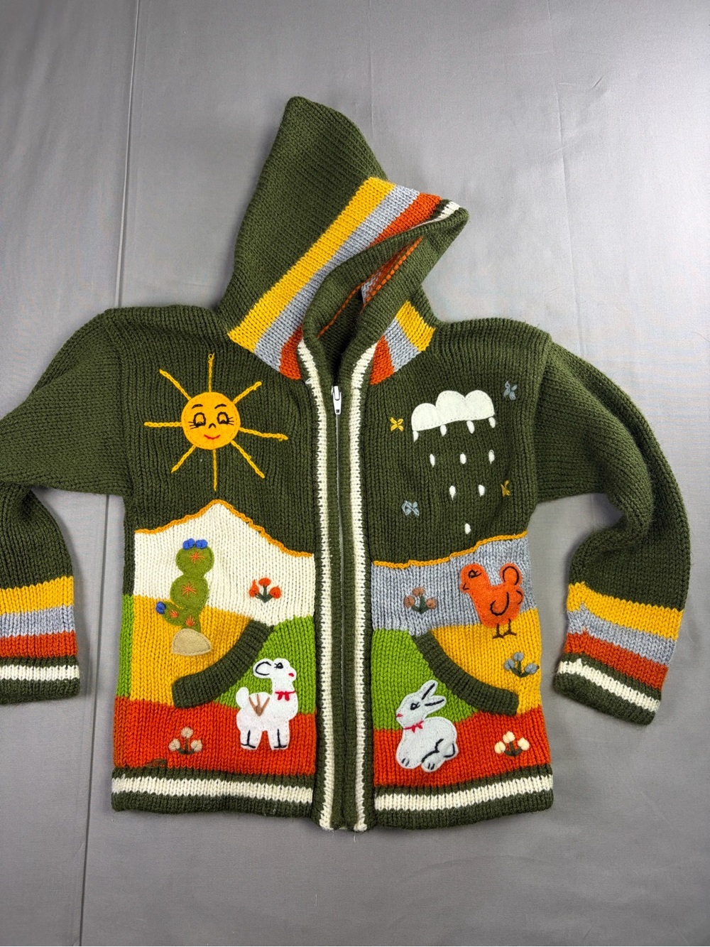 Olive Green Kids Hooded Knit Zip Cardigan with Sunny Animal Motifs